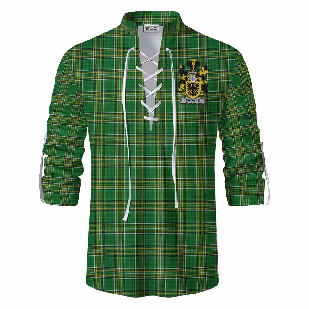 Browne Irish Clan Tartan Ghillie Kilt Shirt with Coat of Arms