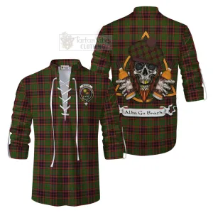 Buchan Tartan Ghillie Kilt Shirt with Family Crest and Bearded Skull Holding Bottles of Whiskey