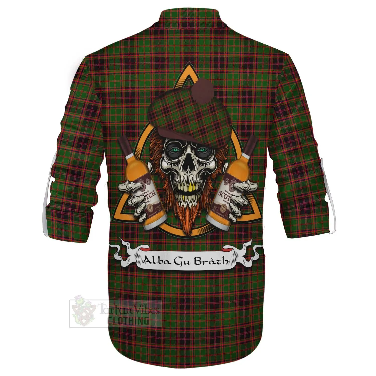 Buchan Tartan Ghillie Kilt Shirt with Family Crest and Bearded Skull Holding Bottles of Whiskey