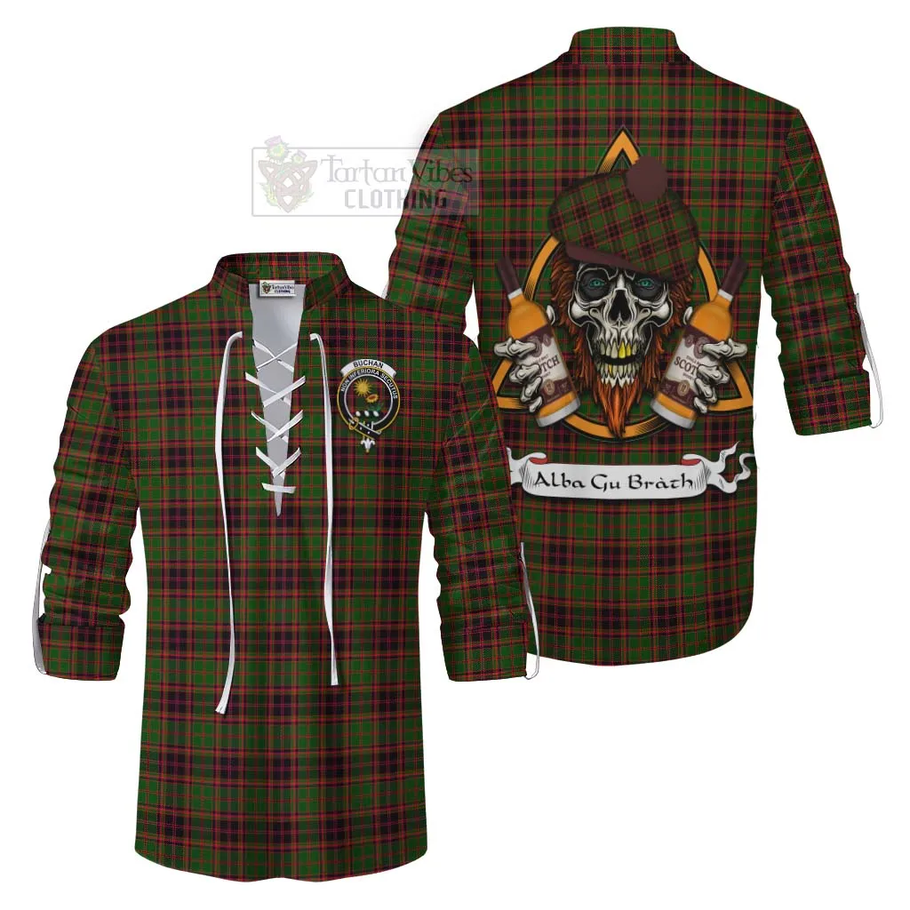 Buchan Tartan Ghillie Kilt Shirt with Family Crest and Bearded Skull Holding Bottles of Whiskey
