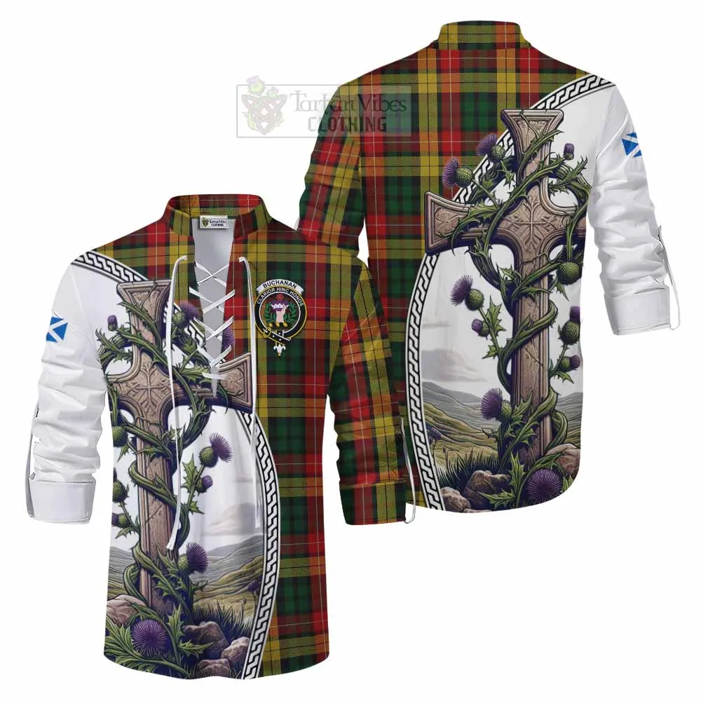 Buchanan Tartan Ghillie Kilt Shirt with Family Crest and St. Andrew's Cross Accented by Thistle Vines