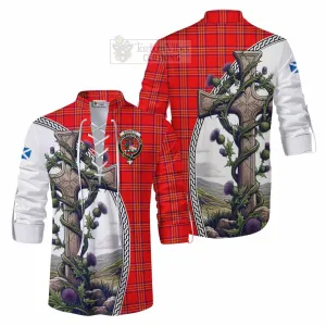 Burnett Tartan Ghillie Kilt Shirt with Family Crest and St. Andrew's Cross Accented by Thistle Vines Burnett Tartan Ghillie Kilt Shirt with Family Crest and St. Andrew's Cross Accented by Thistle Vines