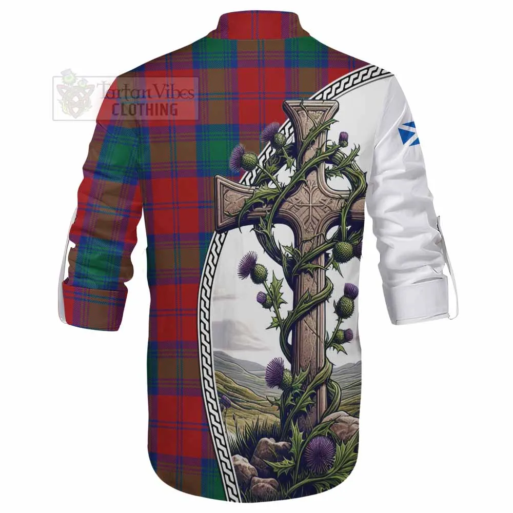 Byres (Byses) Tartan Ghillie Kilt Shirt with Family Crest and St. Andrew's Cross Accented by Thistle Vines