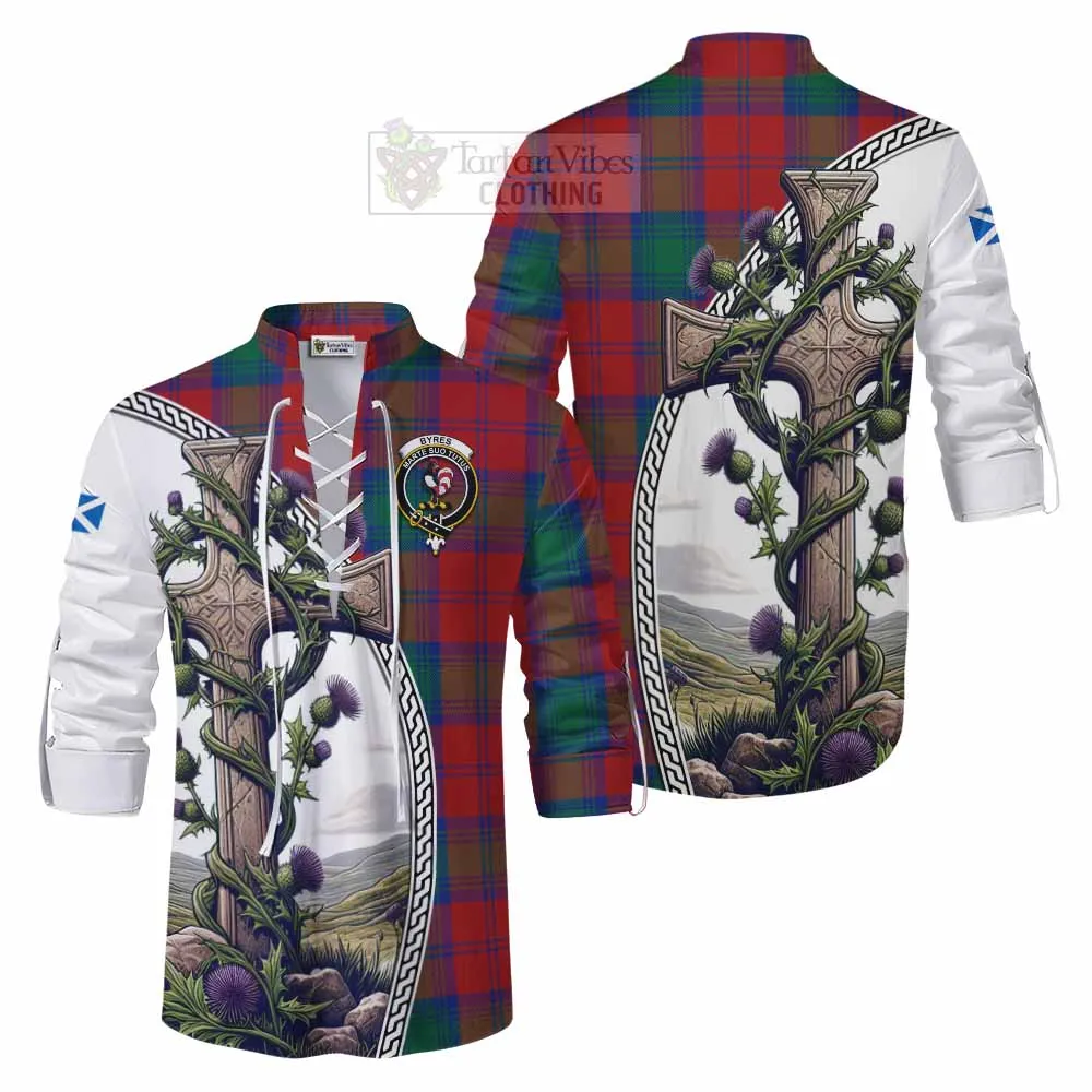Byres (Byses) Tartan Ghillie Kilt Shirt with Family Crest and St. Andrew's Cross Accented by Thistle Vines