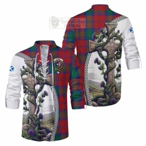 Byres (Byses) Tartan Ghillie Kilt Shirt with Family Crest and St. Andrew's Cross Accented by Thistle Vines
