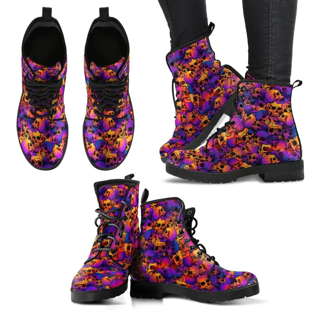 Combat Boots - Colorful Skulls | Vegan Leather Lace Up Boots, Handmade Lace Up Boots, Women's Boots, Men's Boots 9.5, Custom Shoes