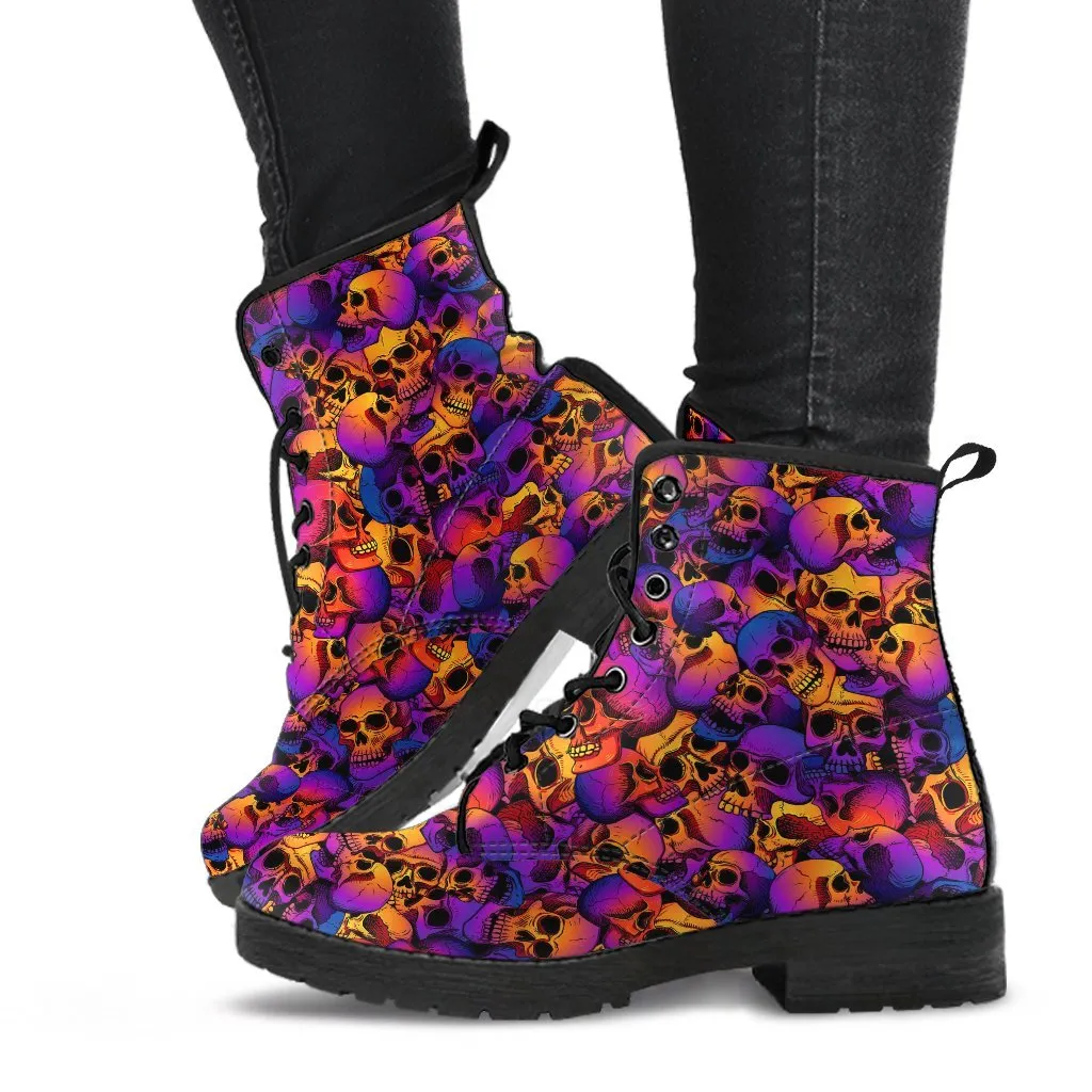 Combat Boots - Colorful Skulls | Vegan Leather Lace Up Boots, Handmade Lace Up Boots, Women's Boots, Men's Boots 9.5, Custom Shoes