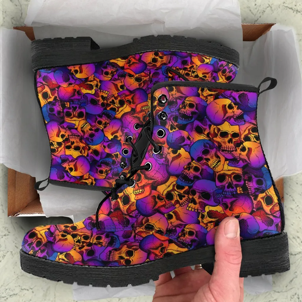 Combat Boots - Colorful Skulls | Vegan Leather Lace Up Boots, Handmade Lace Up Boots, Women's Boots, Men's Boots 9.5, Custom Shoes