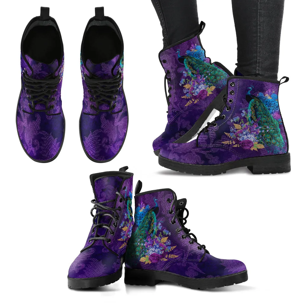 Combat Boots - Peacock #102 | Boho Shoes, Handmade Vegan Lace Up Boots, 2000s Boots, Aesthetic Shoes, Custom Shoes, Purple Boots for Women