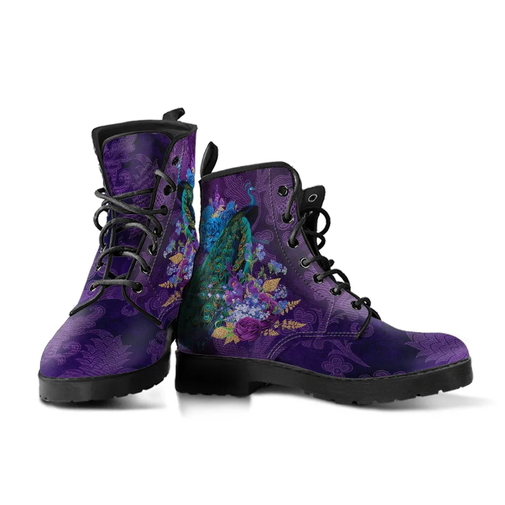 Combat Boots - Peacock #102 | Boho Shoes, Handmade Vegan Lace Up Boots, 2000s Boots, Aesthetic Shoes, Custom Shoes, Purple Boots for Women