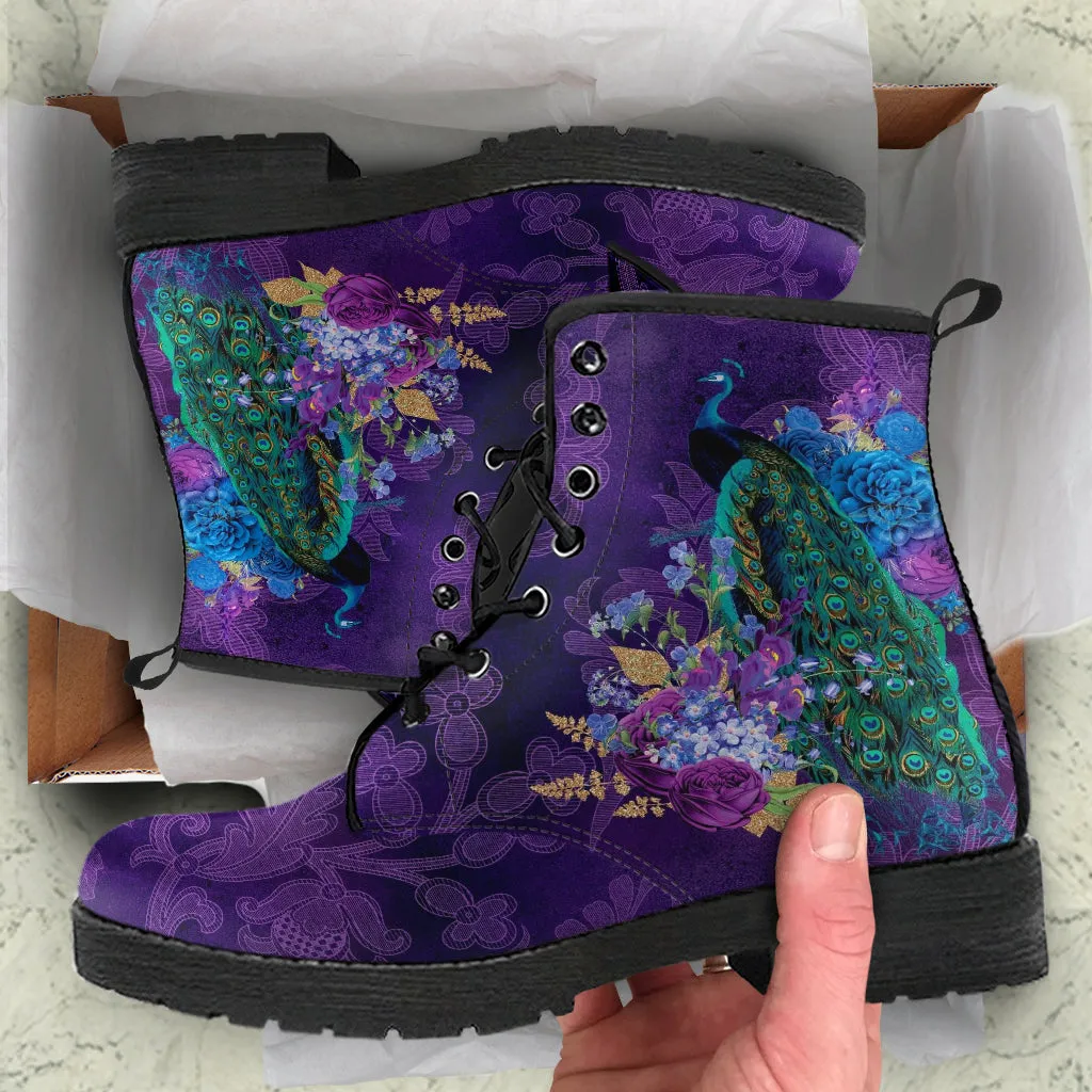 Combat Boots - Peacock #102 | Boho Shoes, Handmade Vegan Lace Up Boots, 2000s Boots, Aesthetic Shoes, Custom Shoes, Purple Boots for Women