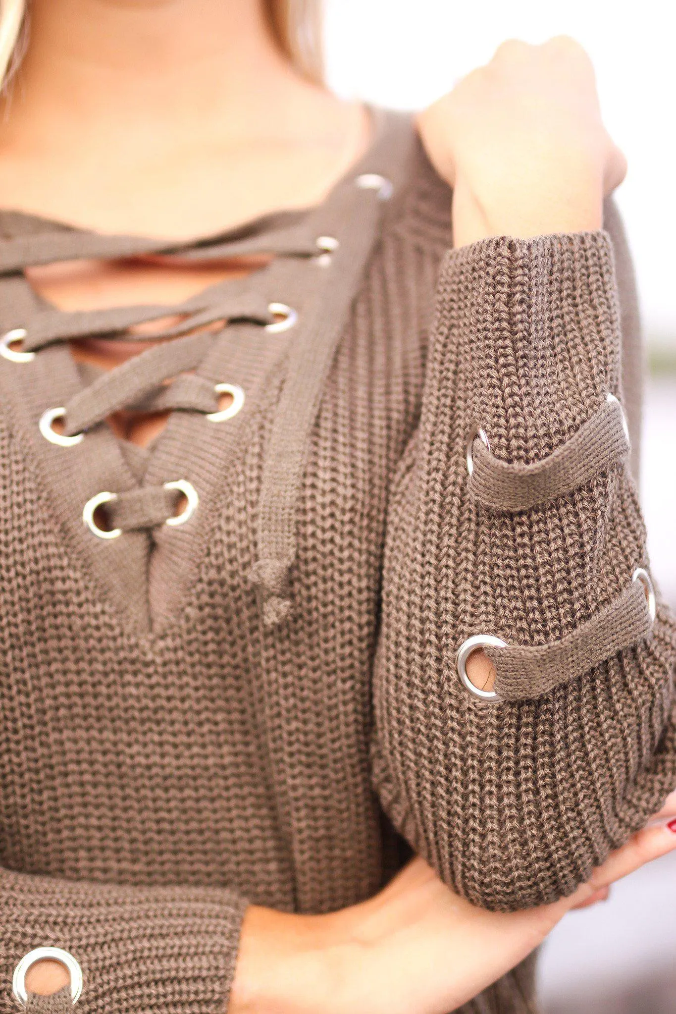 Dark Olive Lace Up Sweater