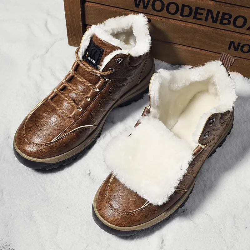 Faux fur warm lace-up ankle  boots for men | Anti-skid outdoors hiking boots