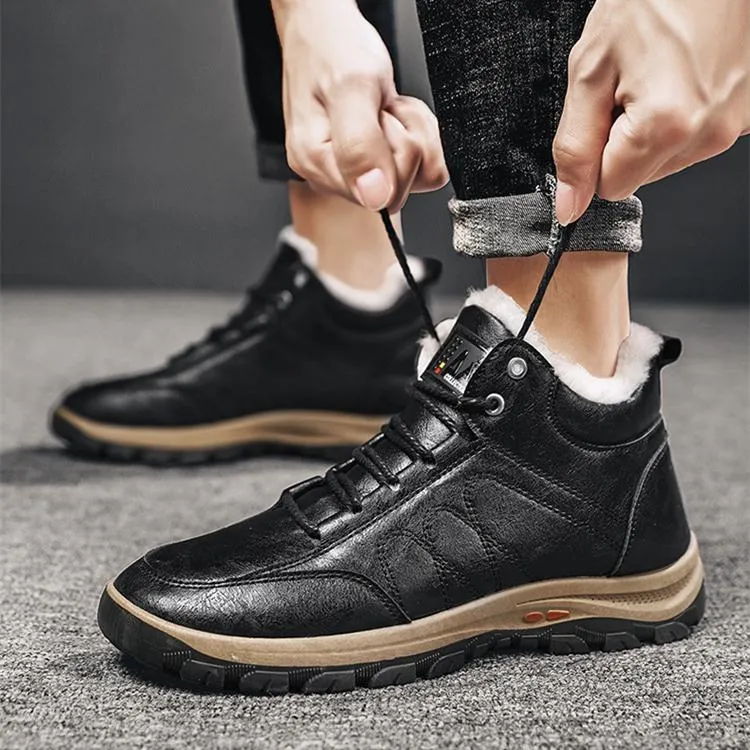 Faux fur warm lace-up ankle  boots for men | Anti-skid outdoors hiking boots