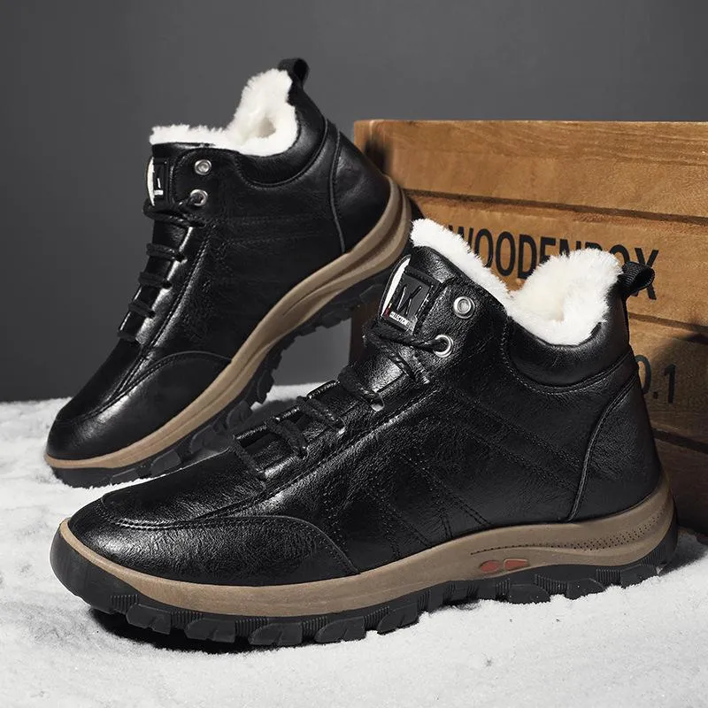 Faux fur warm lace-up ankle  boots for men | Anti-skid outdoors hiking boots