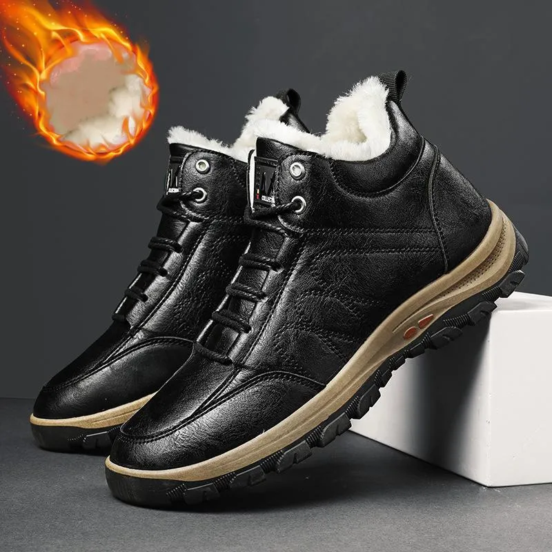 Faux fur warm lace-up ankle  boots for men | Anti-skid outdoors hiking boots