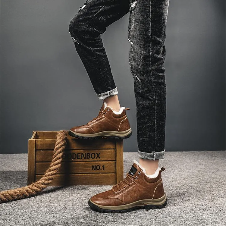Faux fur warm lace-up ankle  boots for men | Anti-skid outdoors hiking boots