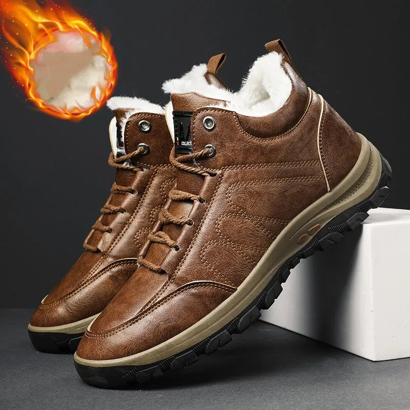 Faux fur warm lace-up ankle  boots for men | Anti-skid outdoors hiking boots