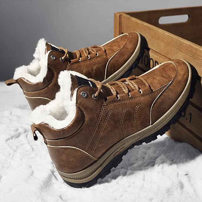 Faux fur warm lace-up ankle  boots for men | Anti-skid outdoors hiking boots