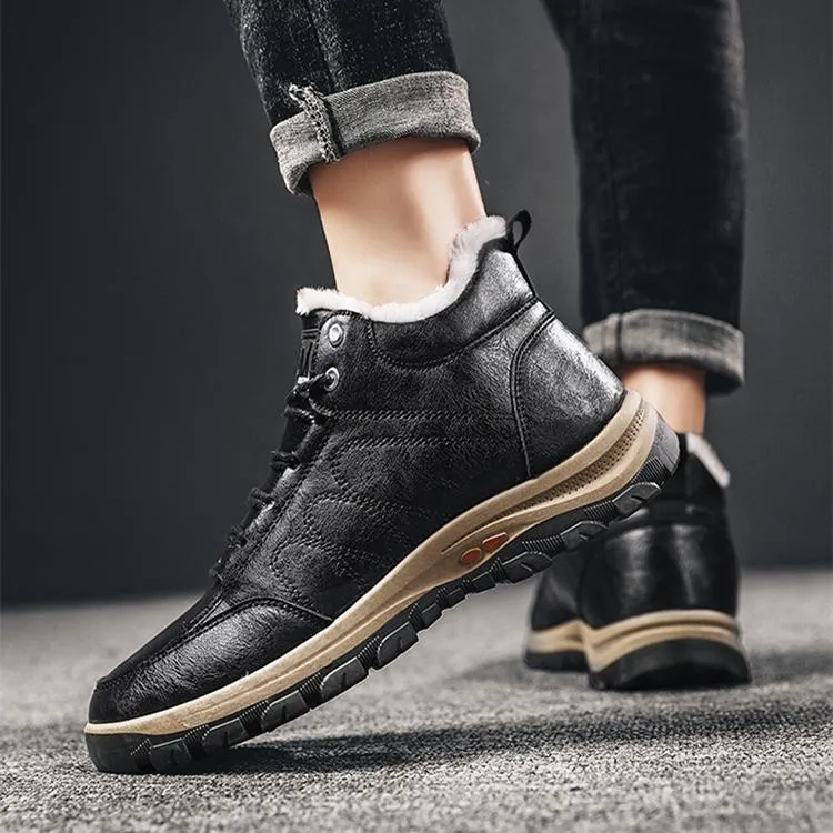Faux fur warm lace-up ankle  boots for men | Anti-skid outdoors hiking boots