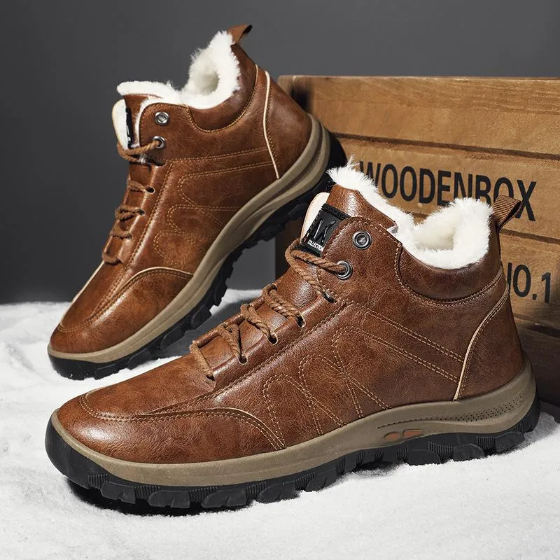 Faux fur warm lace-up ankle  boots for men | Anti-skid outdoors hiking boots