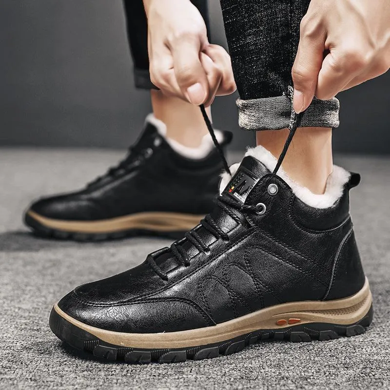 Faux fur warm lace-up ankle  boots for men | Anti-skid outdoors hiking boots