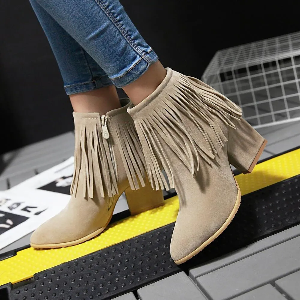 Fringe Suede High Chunky Heel Ankle Boots