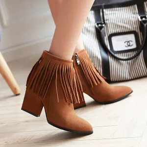 Fringe Suede High Chunky Heel Ankle Boots