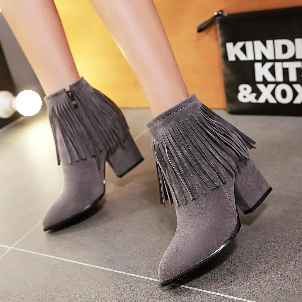 Fringe Suede High Chunky Heel Ankle Boots