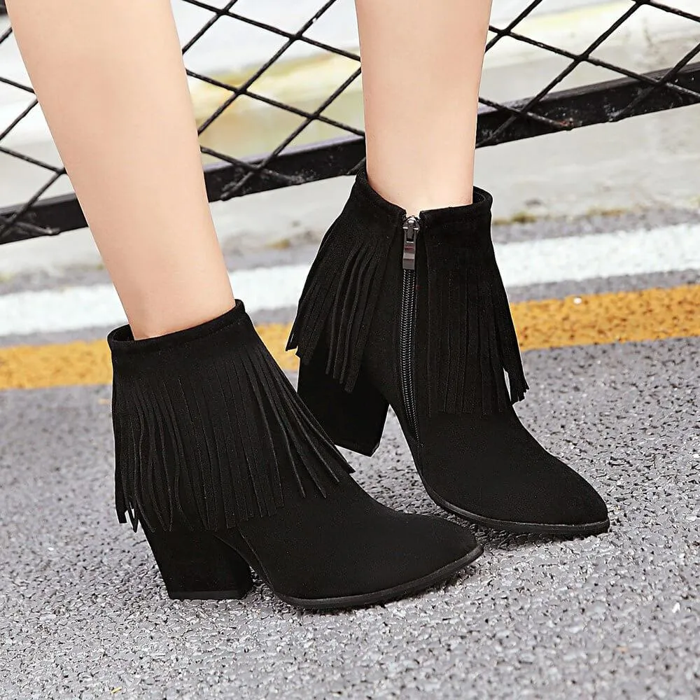 Fringe Suede High Chunky Heel Ankle Boots
