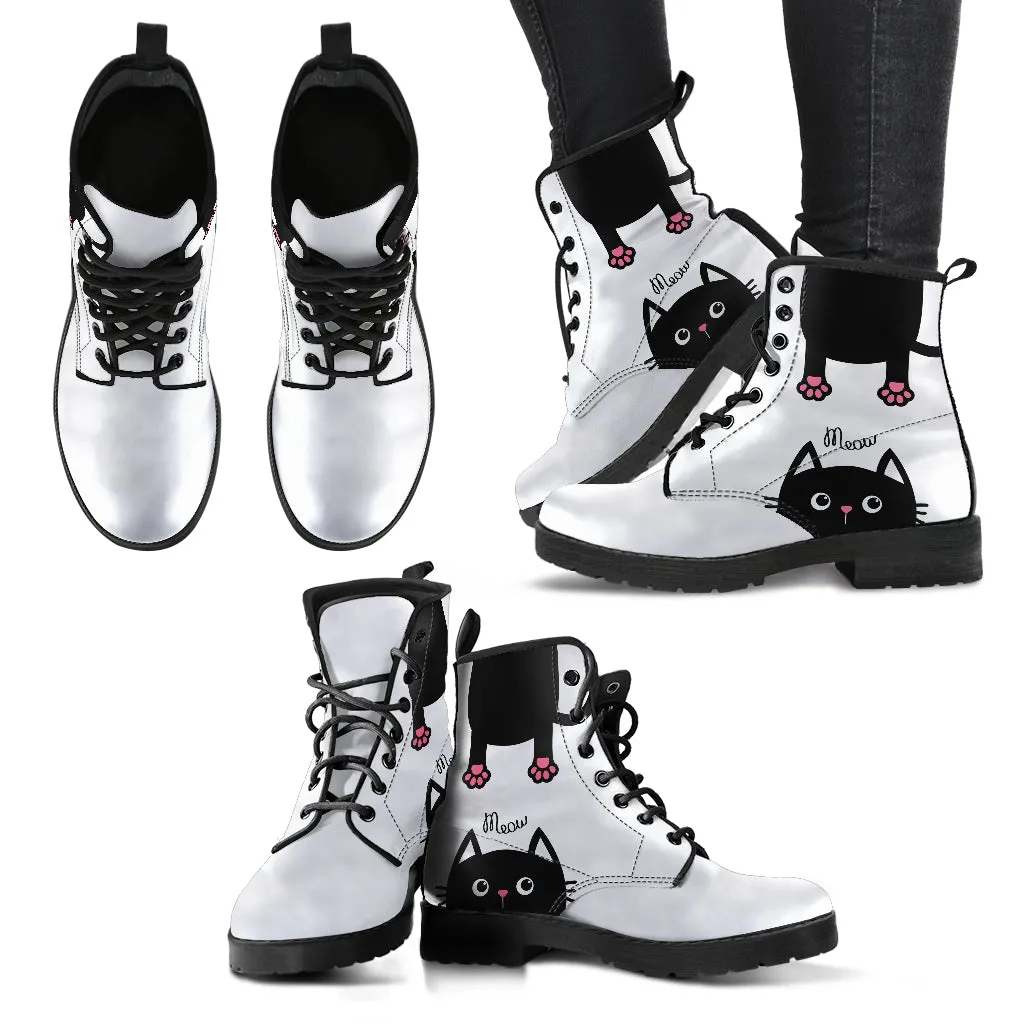 Funny Cat Women's Vegan Leather Combat Boots