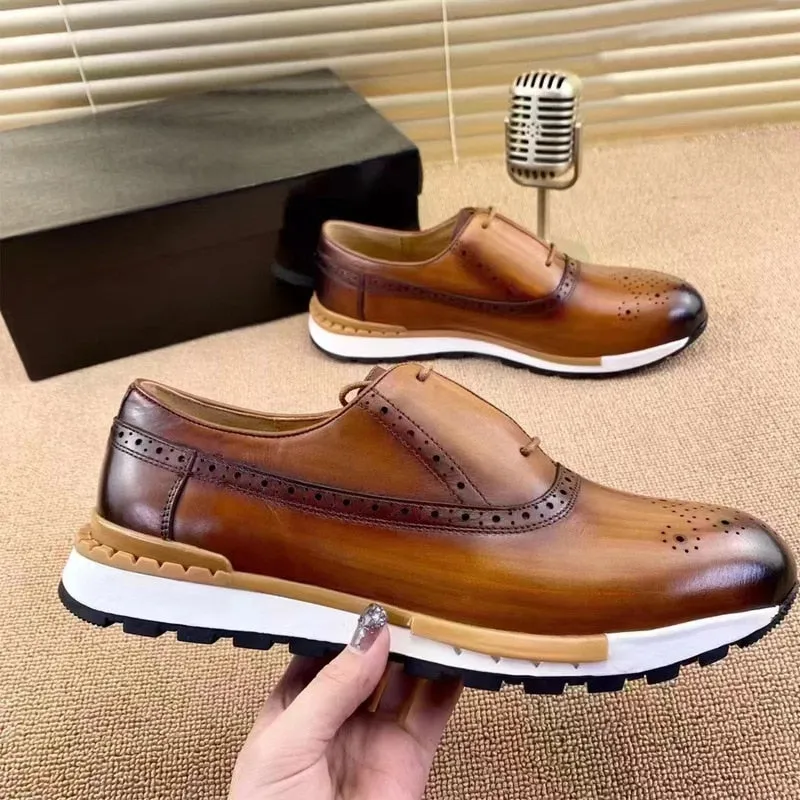 Hnzxzm Brand Mens Casual Sneakers Genuine Leather Lace-Up Comfortable Oxford Fashion Breathable Outdoor Walking Brogues Shoes For Men
