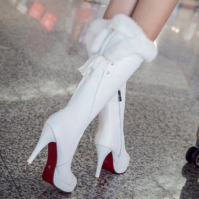 Knee high snow boots fur lining stiletto platform winter boots