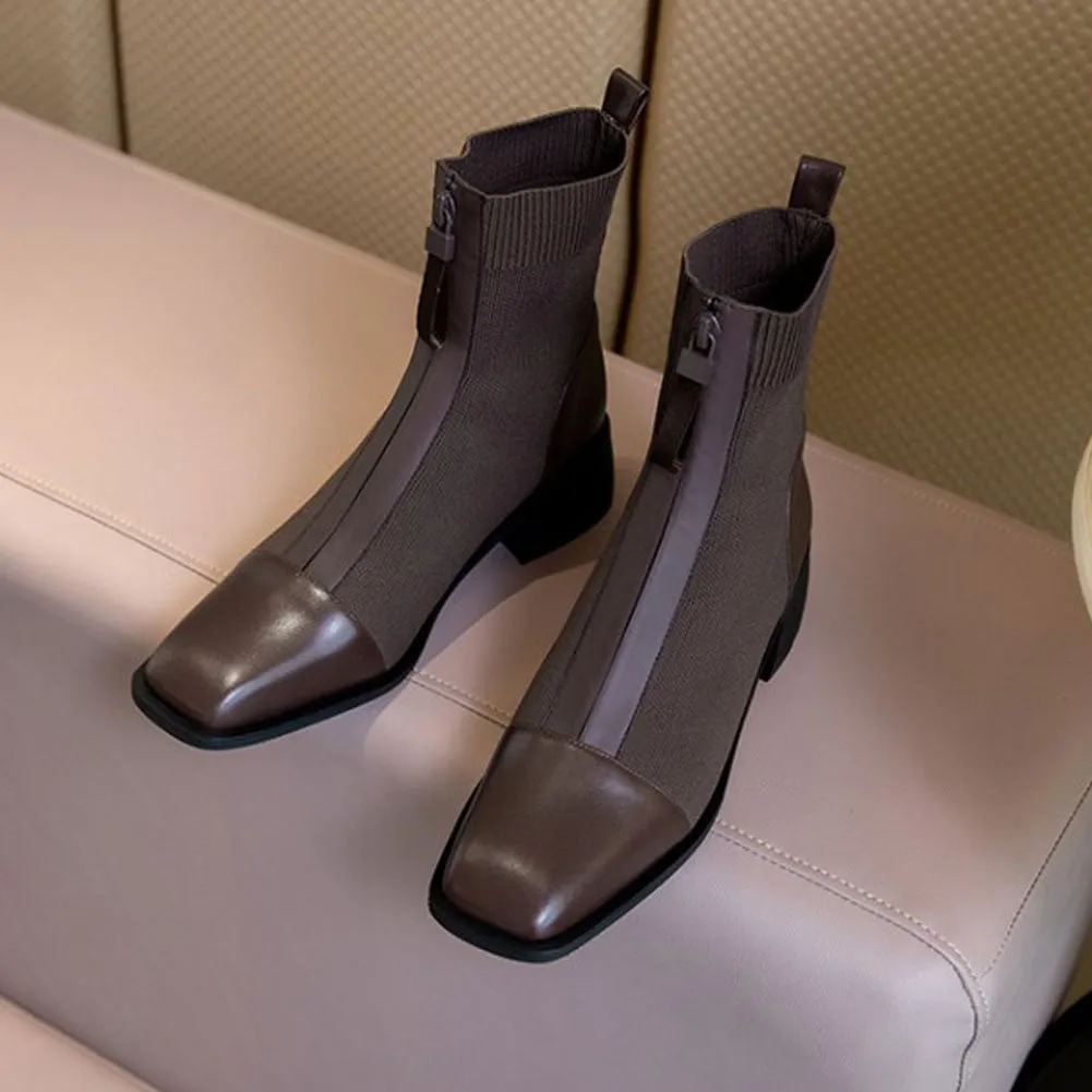 Ladies Stretch Knit Ankle Boots Low Heels Zip Up