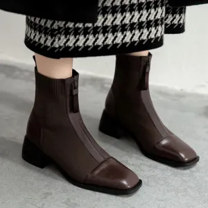 Ladies Stretch Knit Ankle Boots Low Heels Zip Up