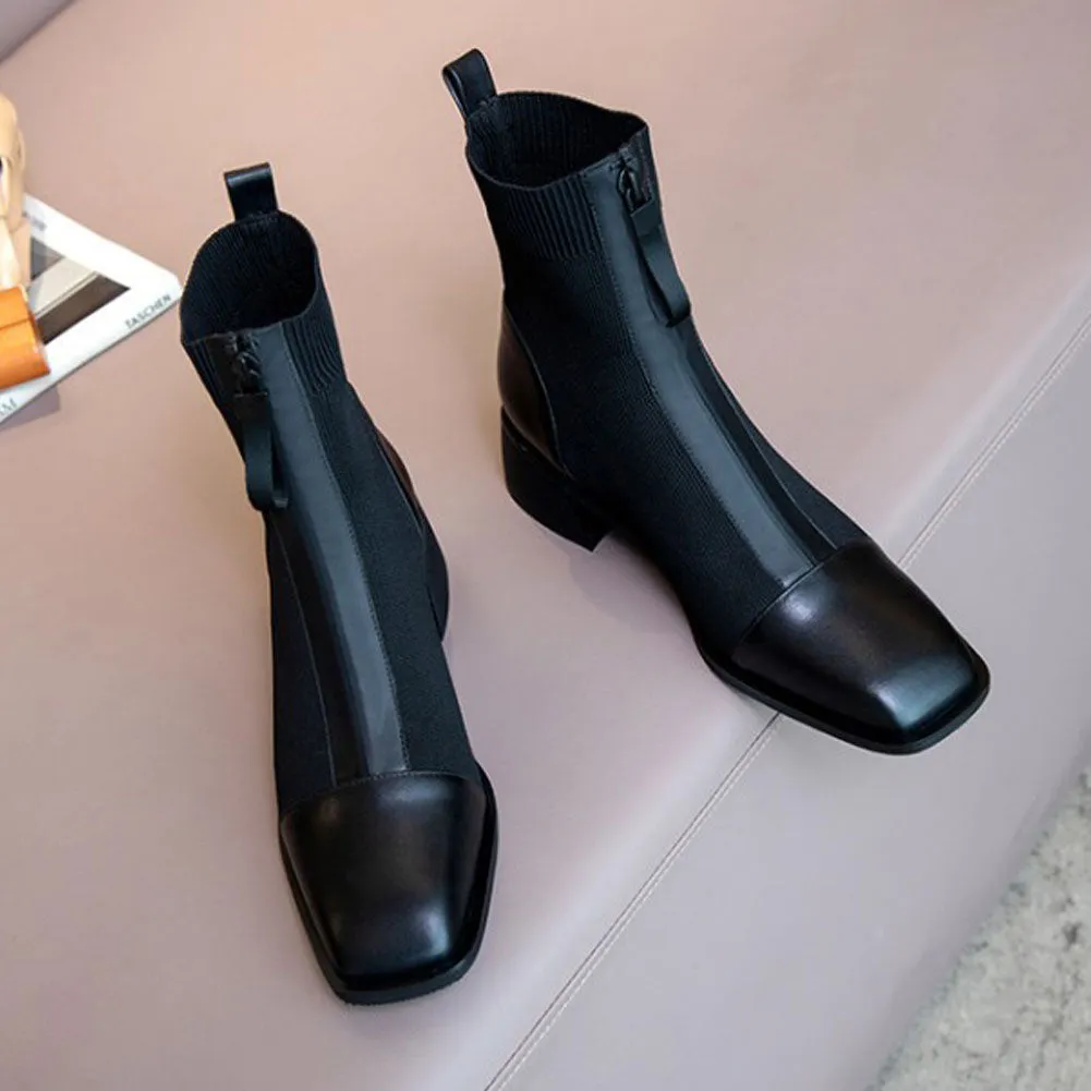 Ladies Stretch Knit Ankle Boots Low Heels Zip Up