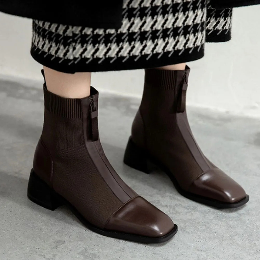 Ladies Stretch Knit Ankle Boots Low Heels Zip Up