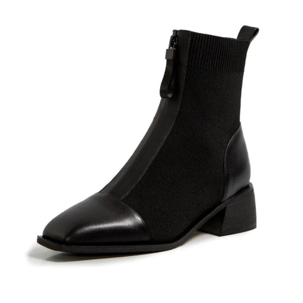 Ladies Stretch Knit Ankle Boots Low Heels Zip Up