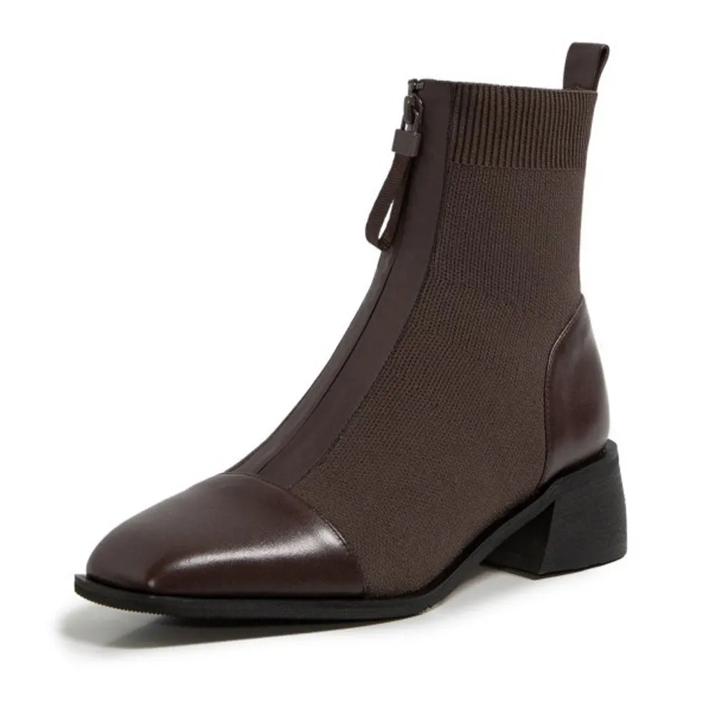 Ladies Stretch Knit Ankle Boots Low Heels Zip Up