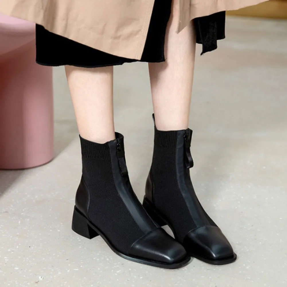 Ladies Stretch Knit Ankle Boots Low Heels Zip Up