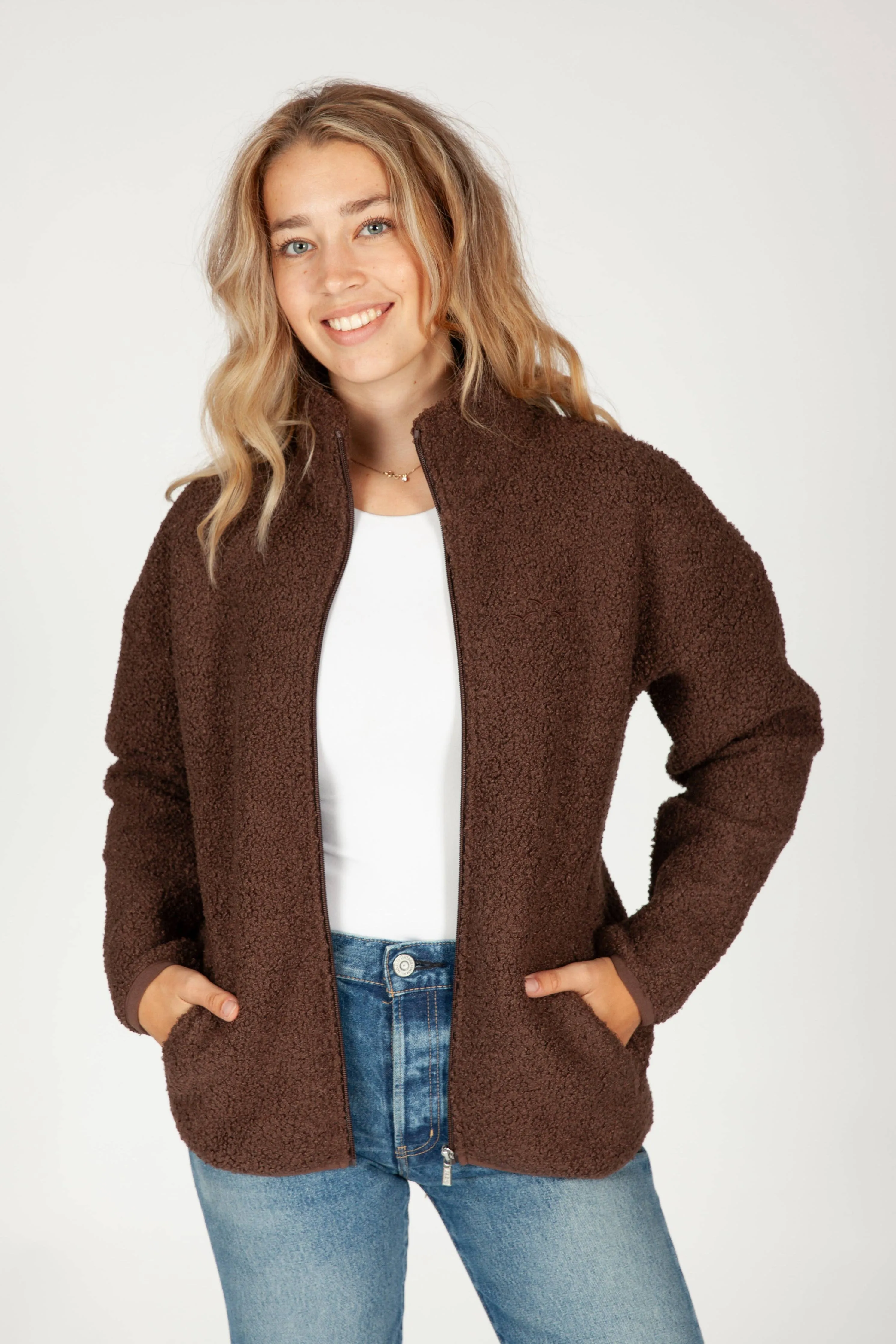 Lazypants - Sara Teddy sherpa zip up jacket in espresso