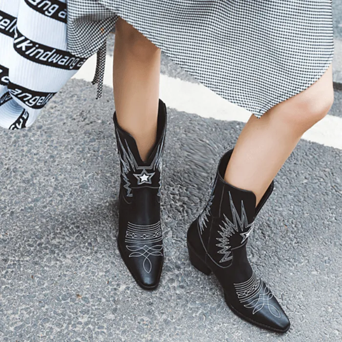 Leather Embroidery Square Toe Low Heel Calf Boots