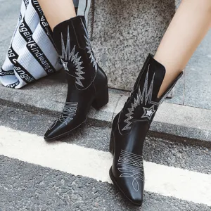 Leather Embroidery Square Toe Low Heel Calf Boots