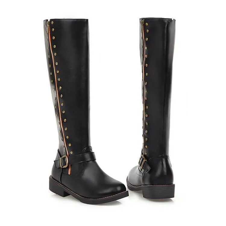 Leather Low Block Heel Buckle Knee High Boots