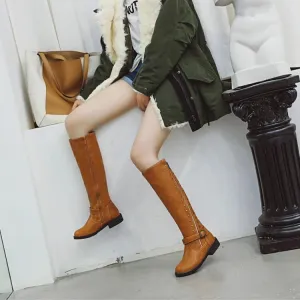 Leather Low Block Heel Buckle Knee High Boots