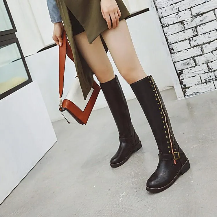 Leather Low Block Heel Buckle Knee High Boots