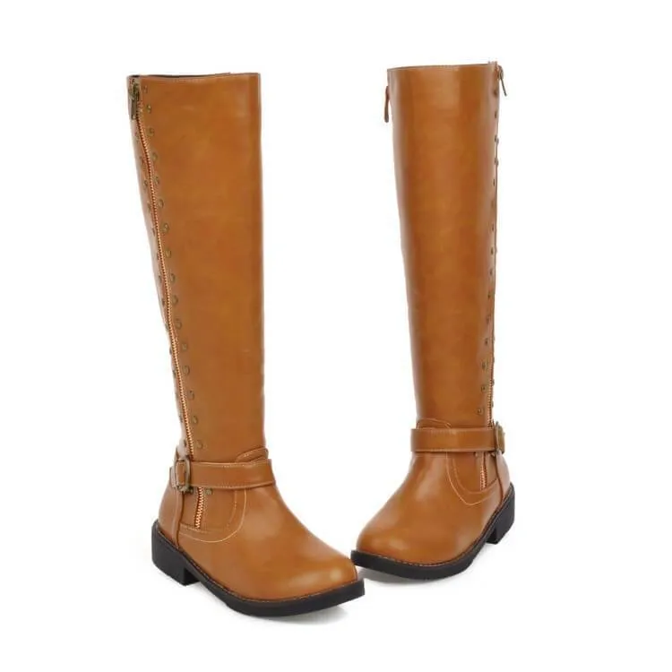 Leather Low Block Heel Buckle Knee High Boots