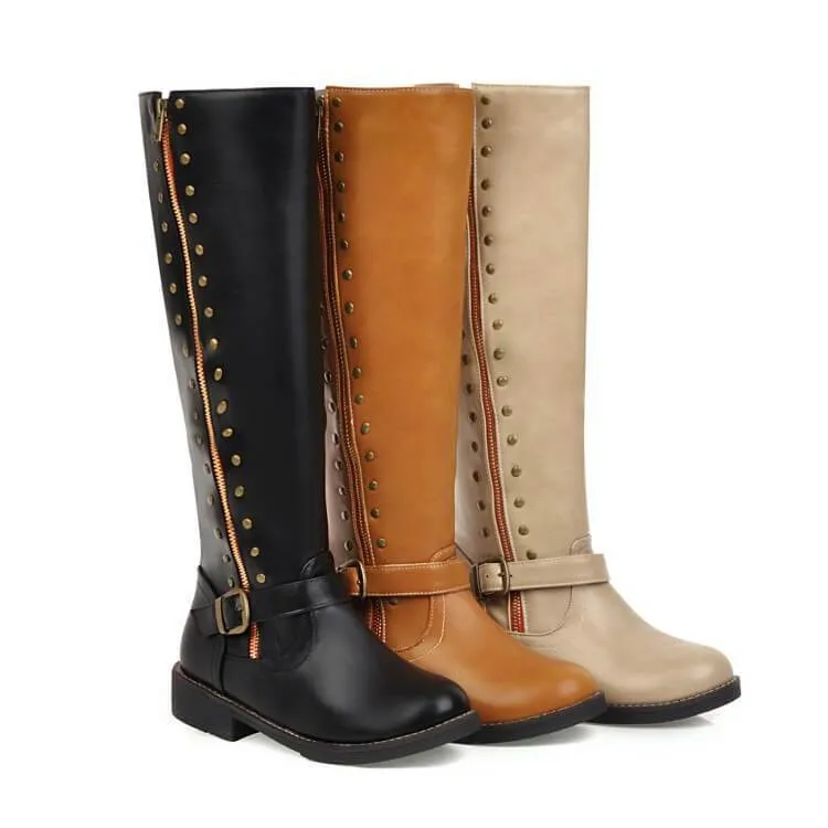 Leather Low Block Heel Buckle Knee High Boots