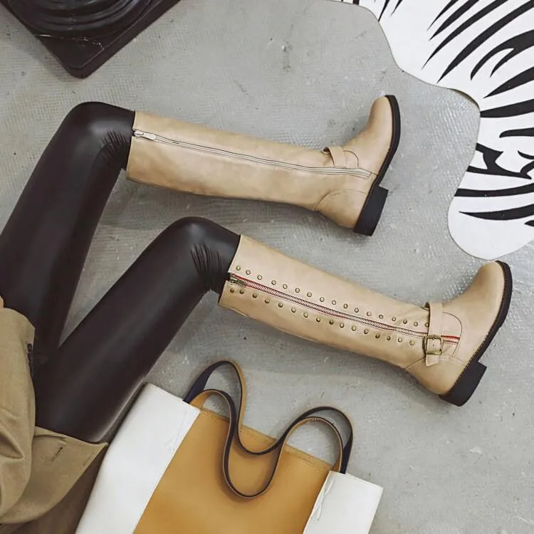 Leather Low Block Heel Buckle Knee High Boots