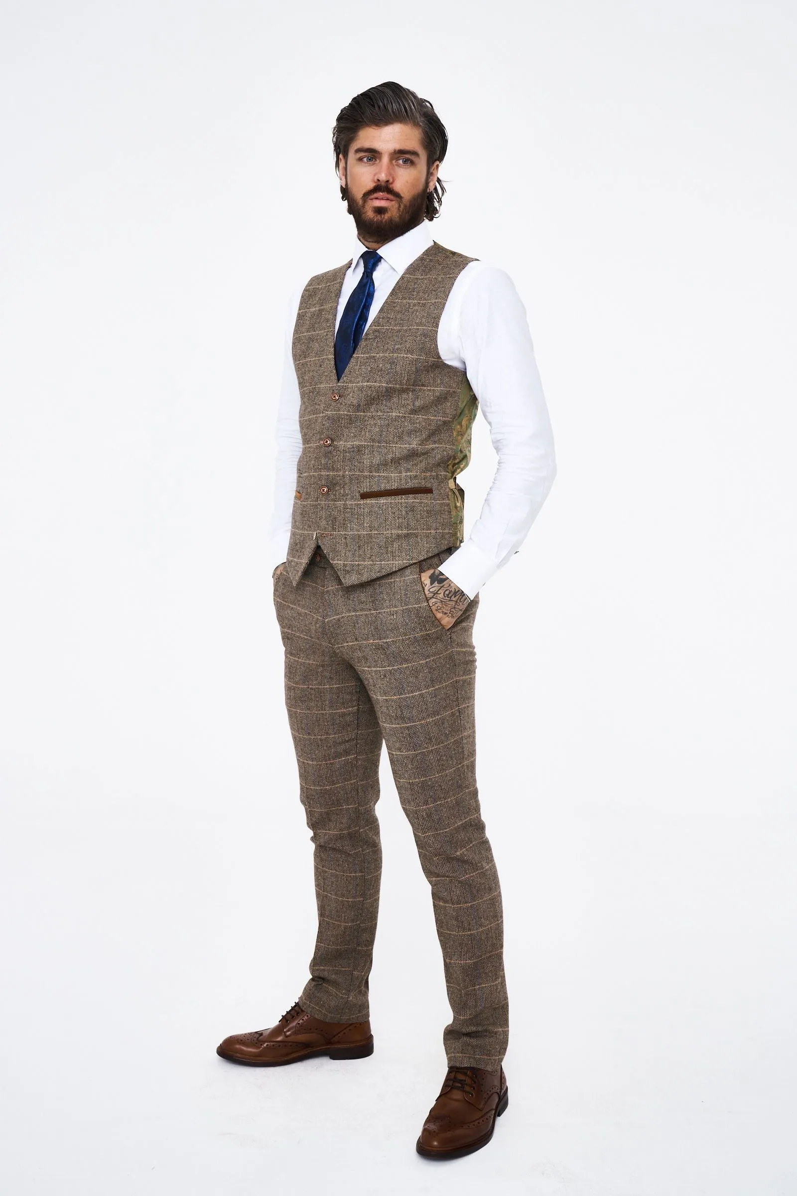 Marc Darcy Ted Tan Tweed Check Three piece Suit
